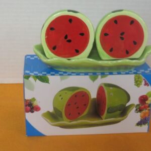 WATERMELON CERAMIC SALT AND PEPPER SHAKER FARM SET WITH TRAY
